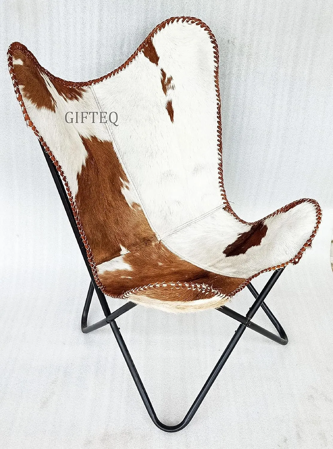 GifteQ Leather Butterfly Chair – Handmade Vintage Design, Foldable and Durable Accent Chair for Living Room & Patio (Hairon White & Brown)
