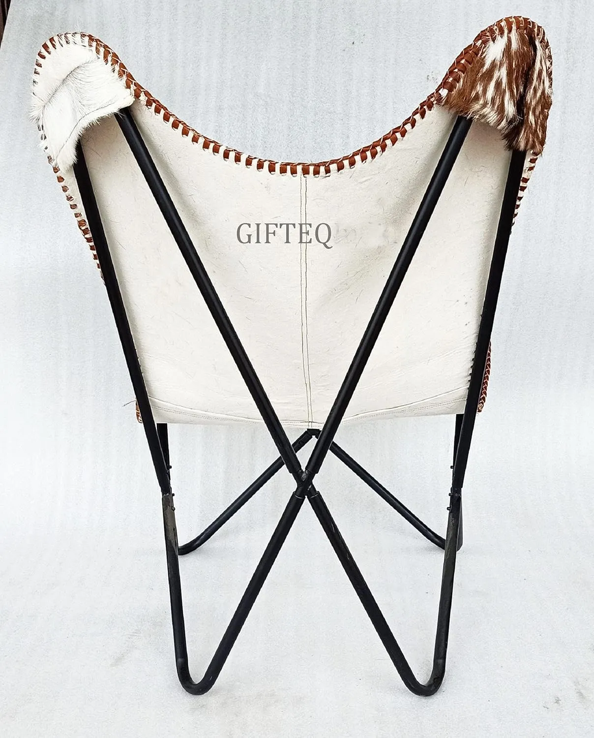 GifteQ Leather Butterfly Chair – Handmade Vintage Design, Foldable and Durable Accent Chair for Living Room & Patio (Hairon White & Brown)