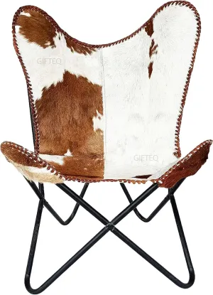 GifteQ Leather Butterfly Chair – Handmade Vintage Design, Foldable and Durable Accent Chair for Living Room & Patio (Hairon White & Brown)