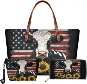 GIFTPUZZ Women Top Handle Bags Handbags with Zipper Leather Wallet Cash Card Phone Holder and Makeup Bag Set 3pcs