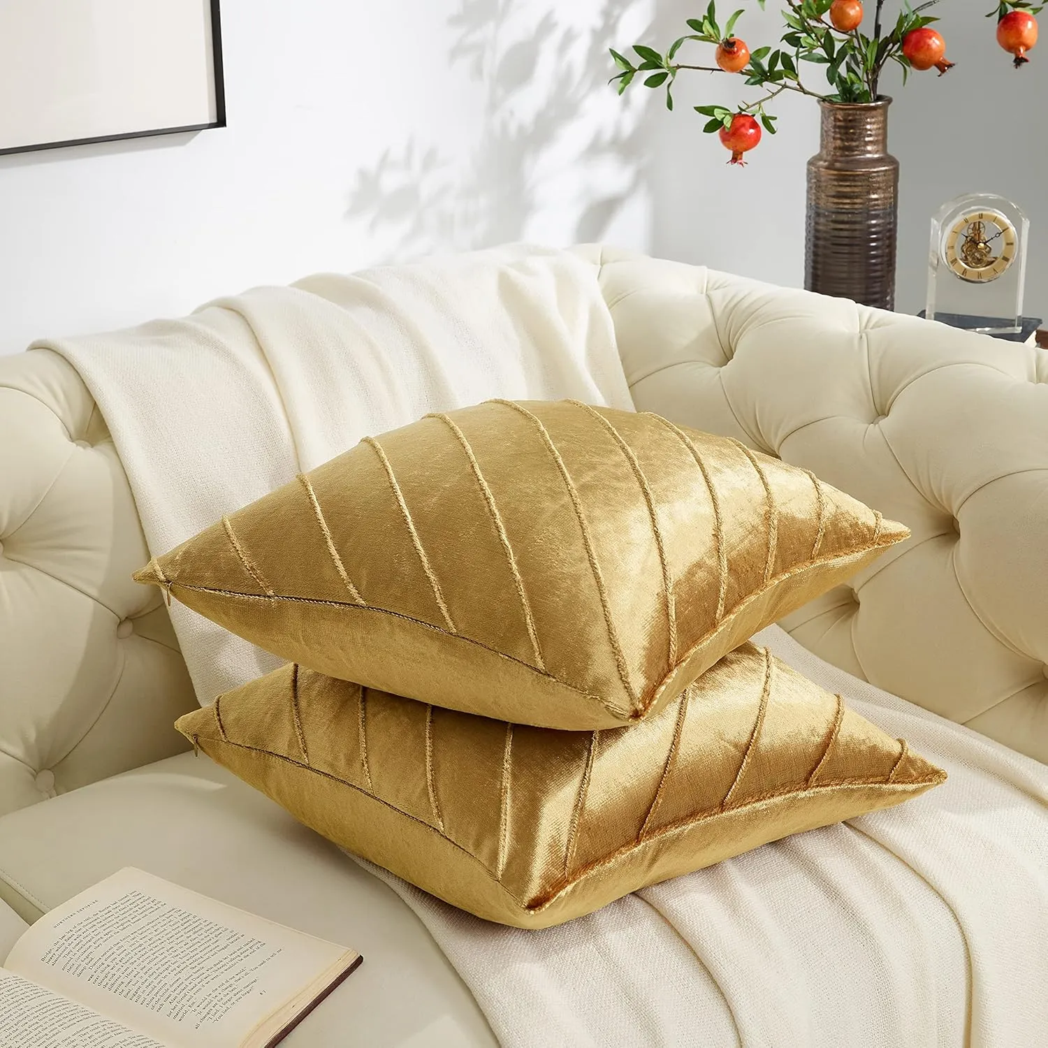 GIGIZAZA Decorative Velvet Pillow Covers 16x16, Set of 2 Gold Sofa Couch Throw Pillows Covers Cases, Living Room Square Cushion Accent Stripe Covers