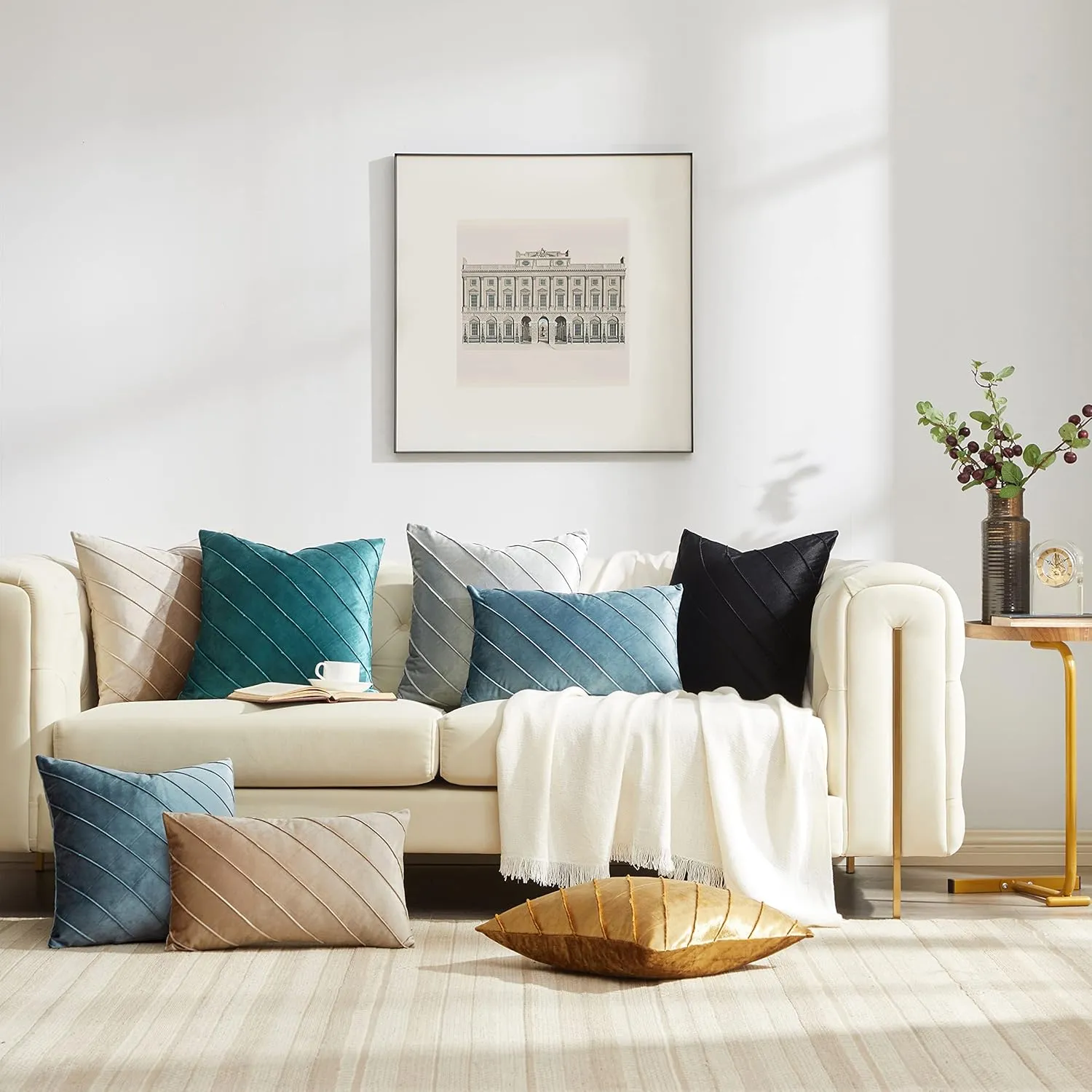 GIGIZAZA Decorative Velvet Pillow Covers 16x16, Set of 2 Gold Sofa Couch Throw Pillows Covers Cases, Living Room Square Cushion Accent Stripe Covers