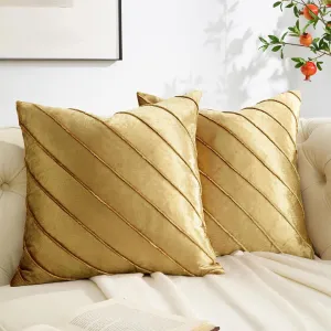 GIGIZAZA Decorative Velvet Pillow Covers 16x16, Set of 2 Gold Sofa Couch Throw Pillows Covers Cases, Living Room Square Cushion Accent Stripe Covers