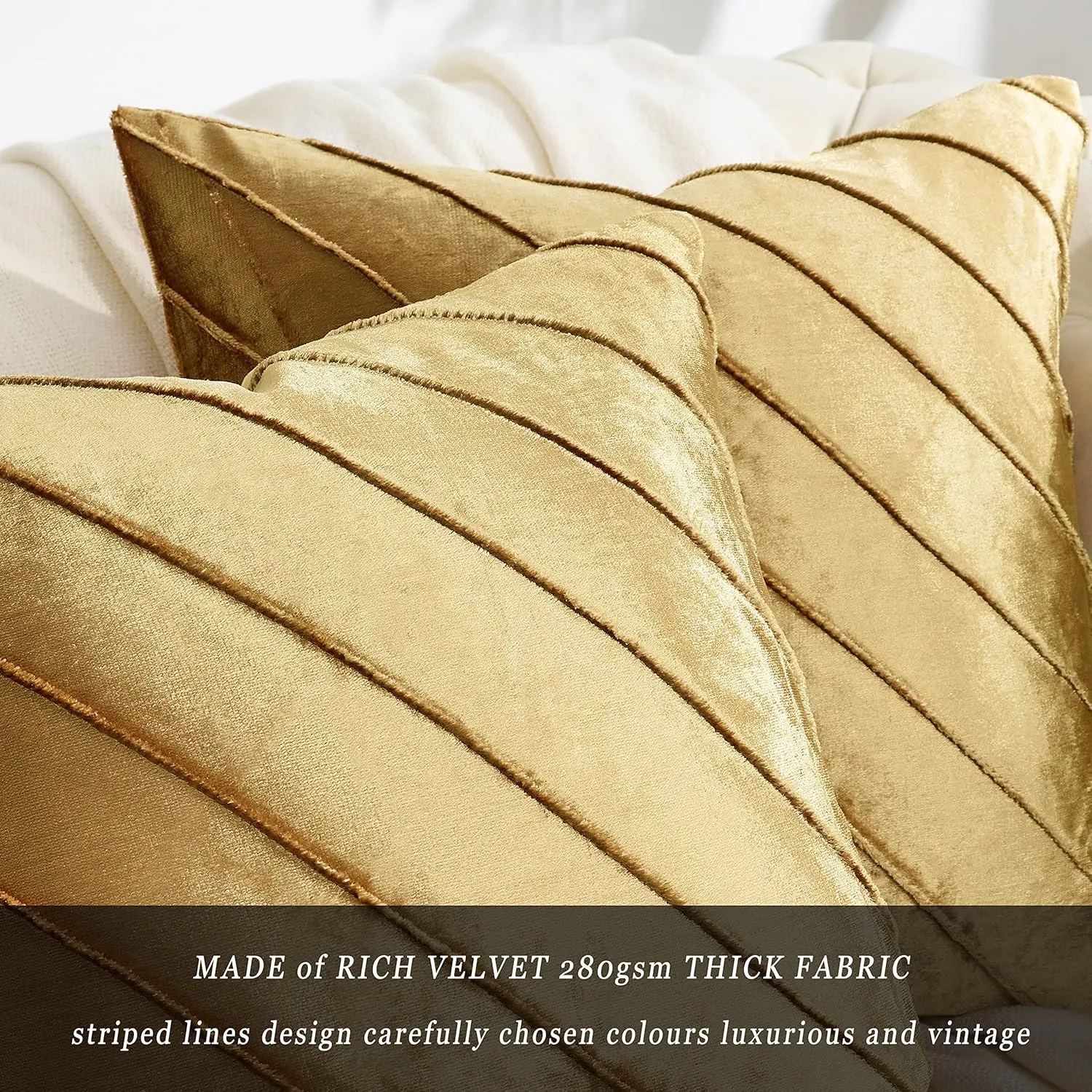 GIGIZAZA Decorative Velvet Pillow Covers 16x16, Set of 2 Gold Sofa Couch Throw Pillows Covers Cases, Living Room Square Cushion Accent Stripe Covers