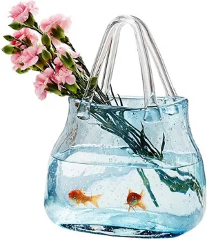 Glass Bag vase Handbag Vase, Fish Tank Flower Holder, Blue Crystal DesignH24CM*W17.5CM Glass Vase with Elegant Purse Design, Hand Purse vase with Fish Bowl