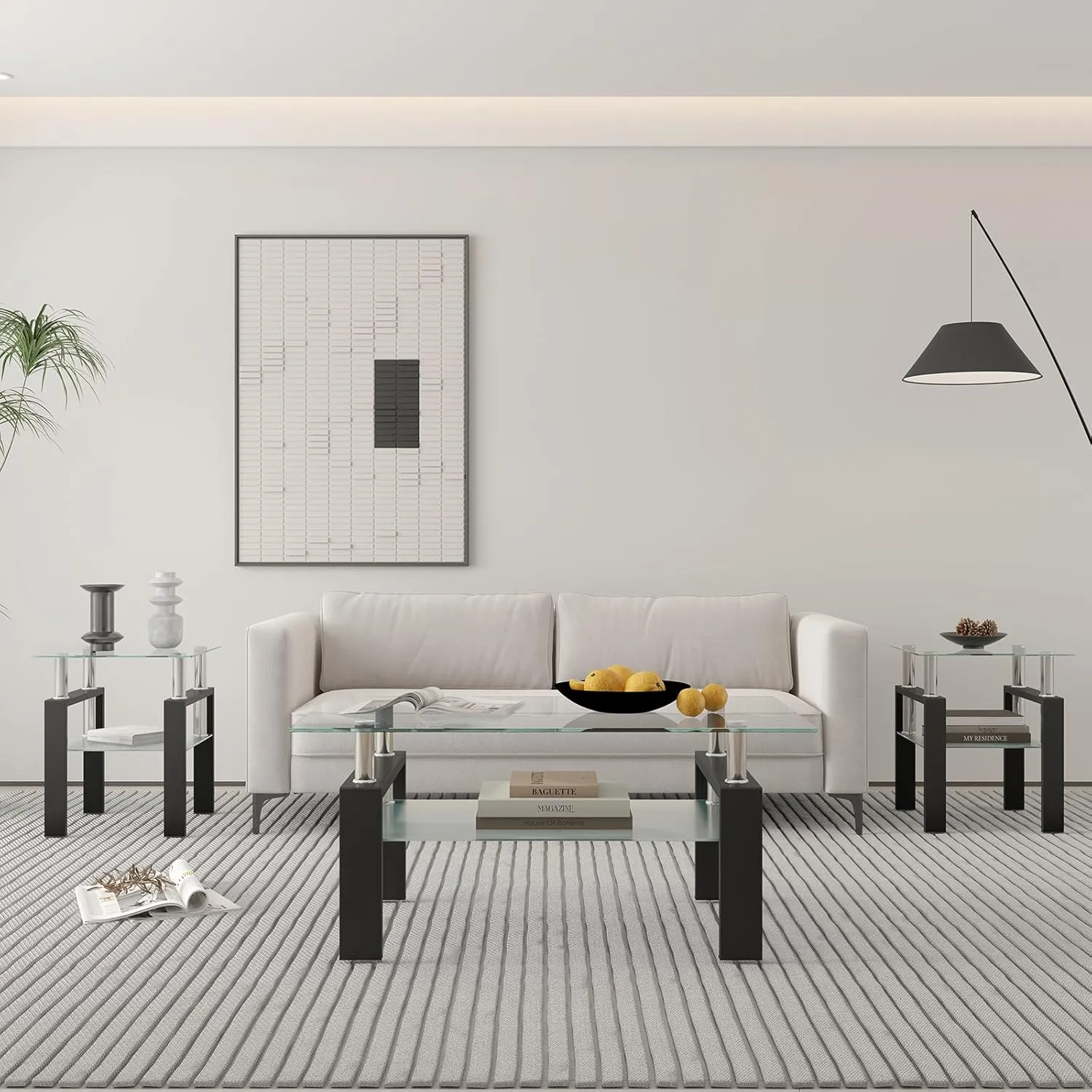 Glass Coffee Table - Black Metal Frame Set of 3 Living Room Table Set