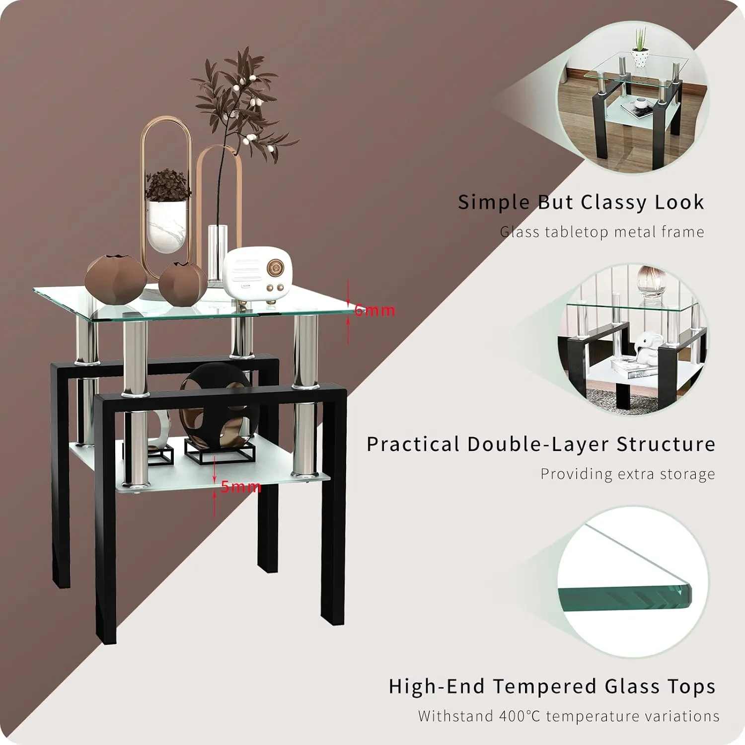 Glass Coffee Table - Black Metal Frame Set of 3 Living Room Table Set