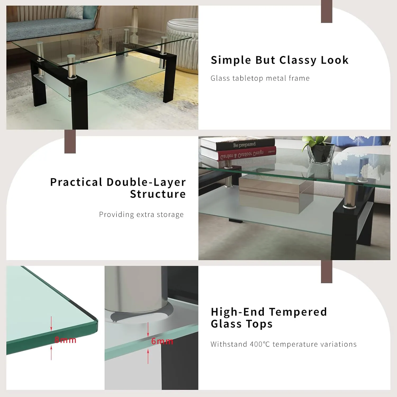 Glass Coffee Table - Black Metal Frame Set of 3 Living Room Table Set