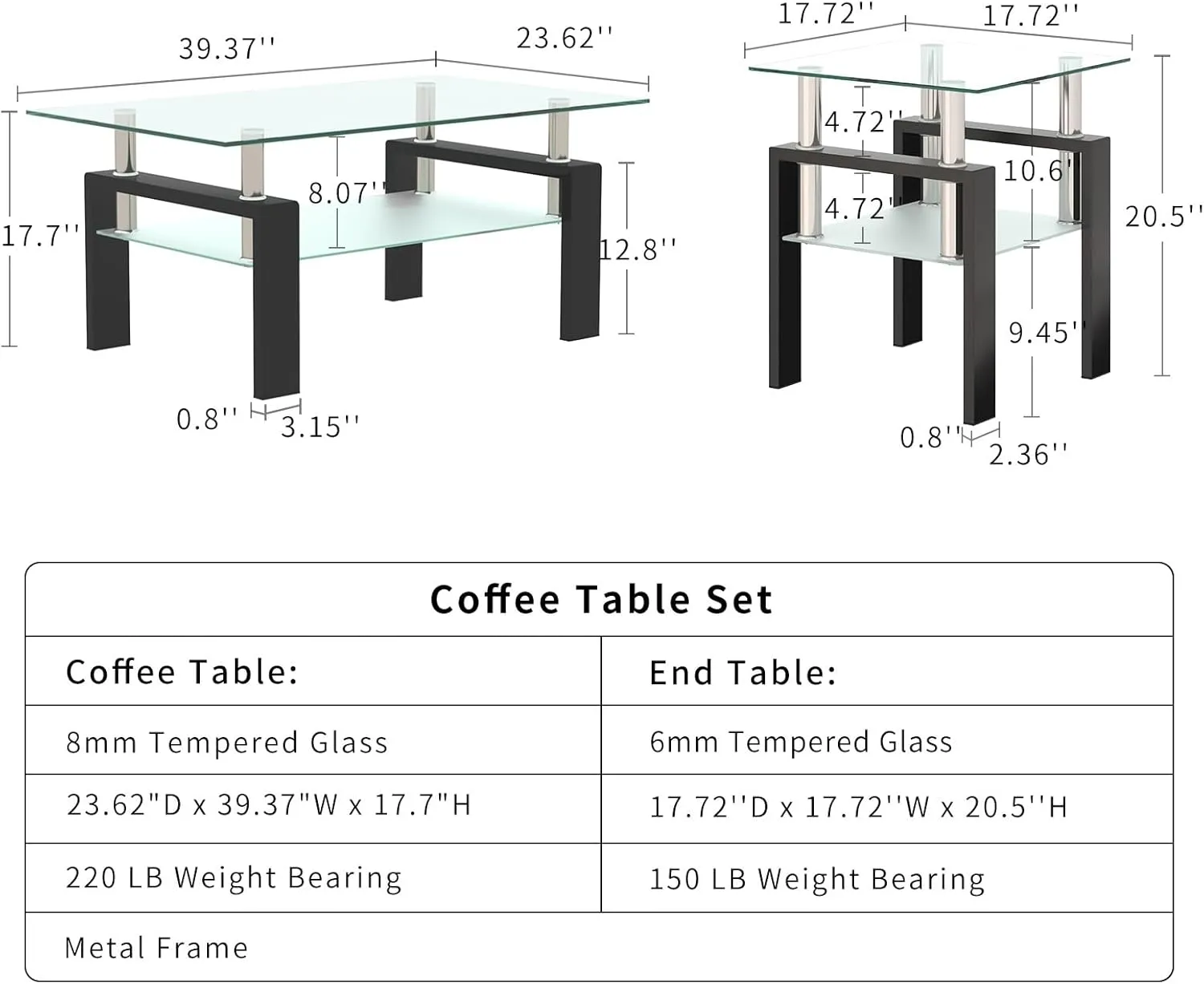 Glass Coffee Table - Black Metal Frame Set of 3 Living Room Table Set