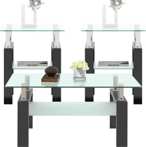Glass Coffee Table - Black Metal Frame Set of 3 Living Room Table Set