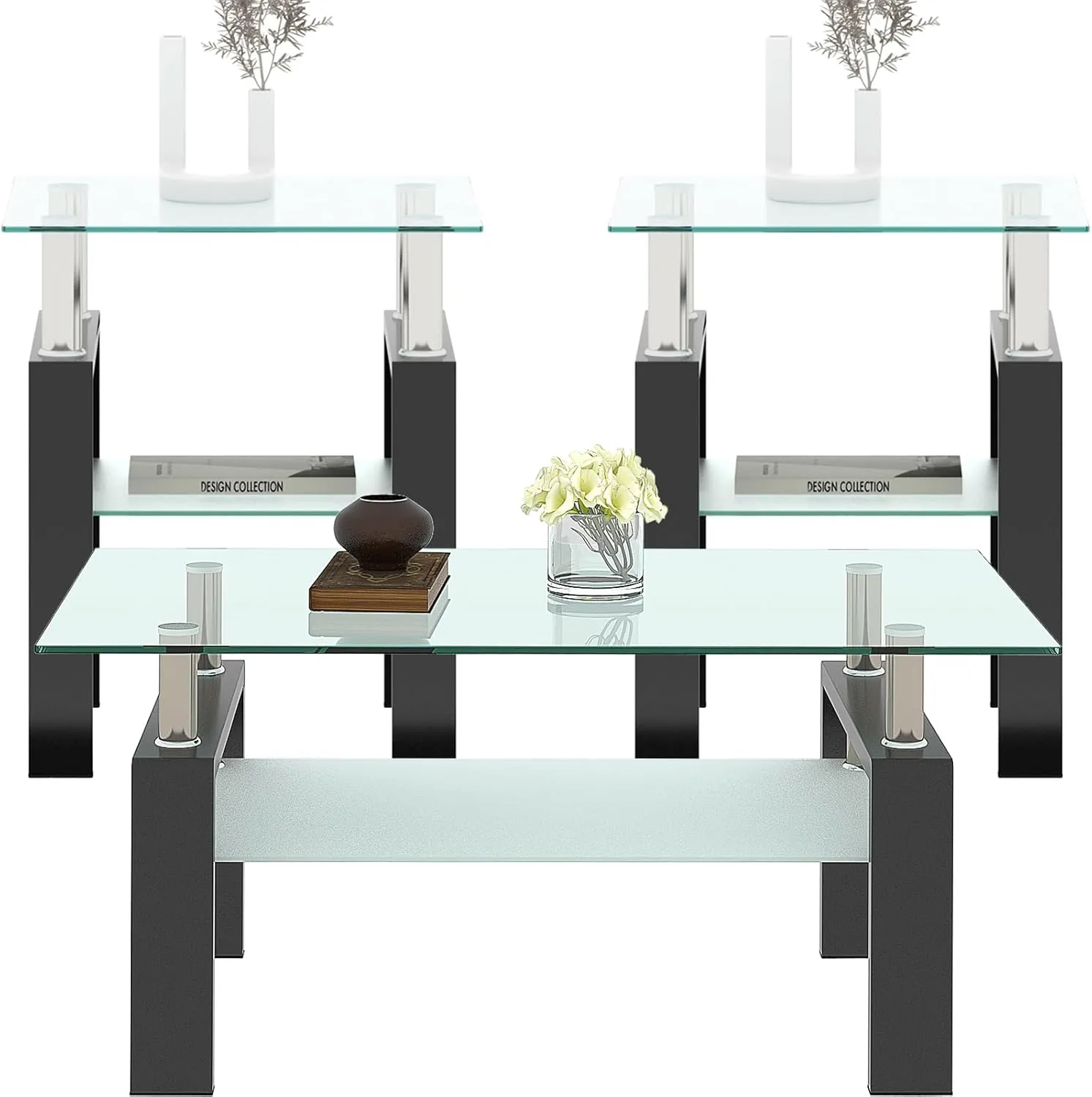 Glass Coffee Table - Black Metal Frame Set of 3 Living Room Table Set