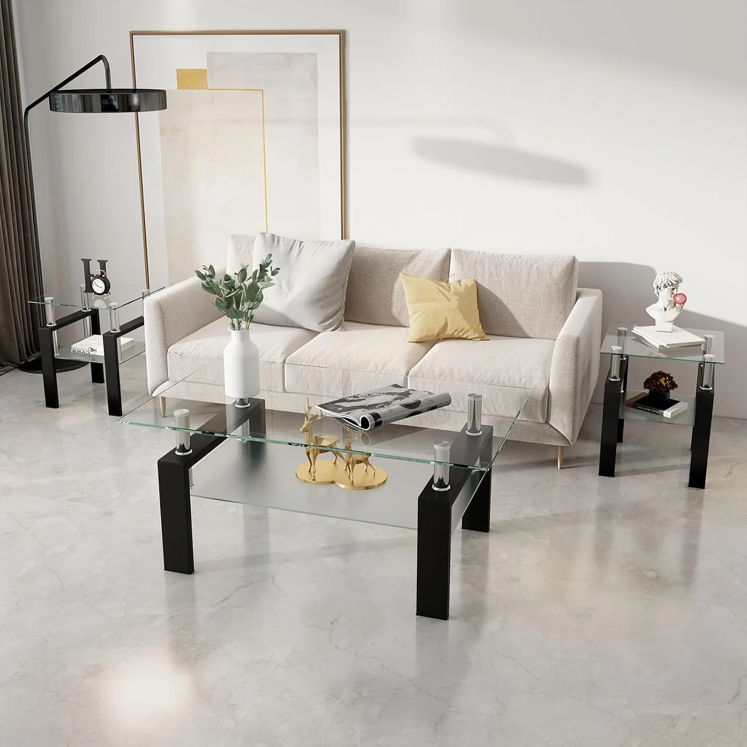 Glass Coffee Table - Black Metal Frame Set of 3 Living Room Table Set