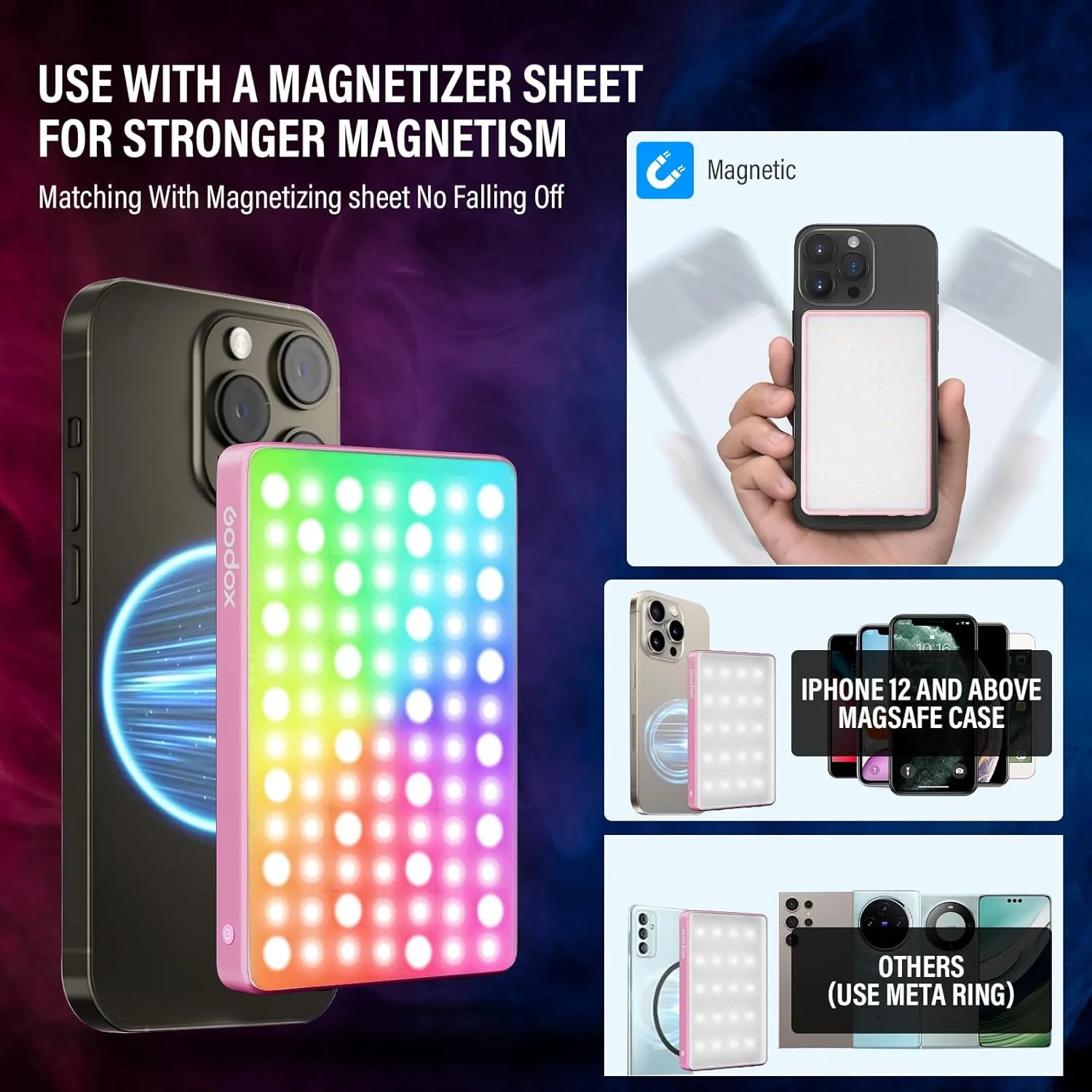 GODOX MA5R LED Fill Light with Soft Diffuser Magnetic Charging Phone Selfie Lighting Mini on Camera Lights 1800K-10000K 14 FX Modes for Selfies, YouTube, TikTok, Vlogging, Video Conferences (Pink)