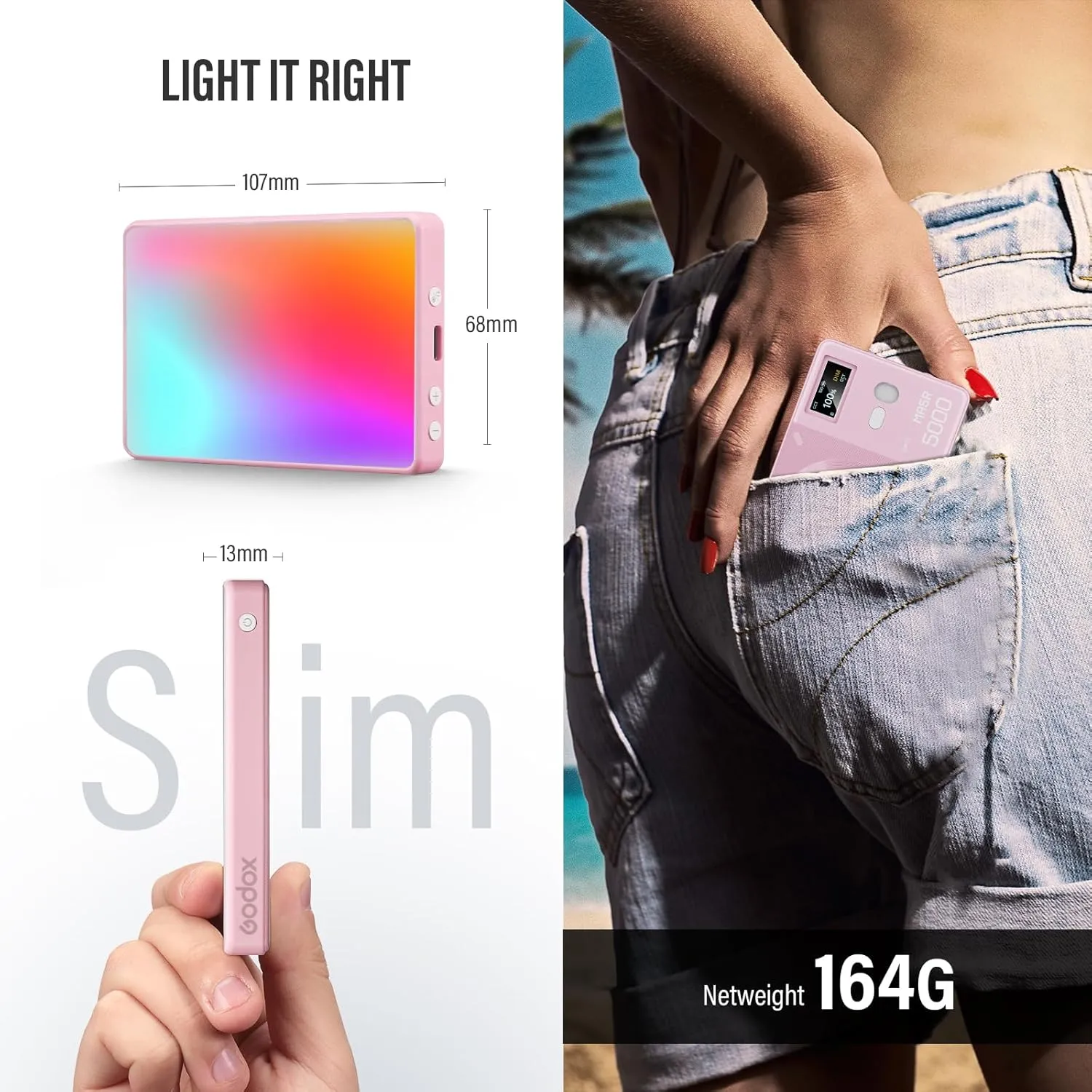 GODOX MA5R LED Fill Light with Soft Diffuser Magnetic Charging Phone Selfie Lighting Mini on Camera Lights 1800K-10000K 14 FX Modes for Selfies, YouTube, TikTok, Vlogging, Video Conferences (Pink)