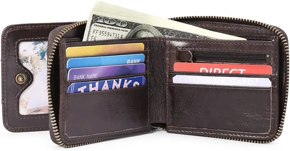 GOIACII Wallets for Men Genuine Leather Front Pocket Wallet RFID Zip Around Bifold Credit Card Holder