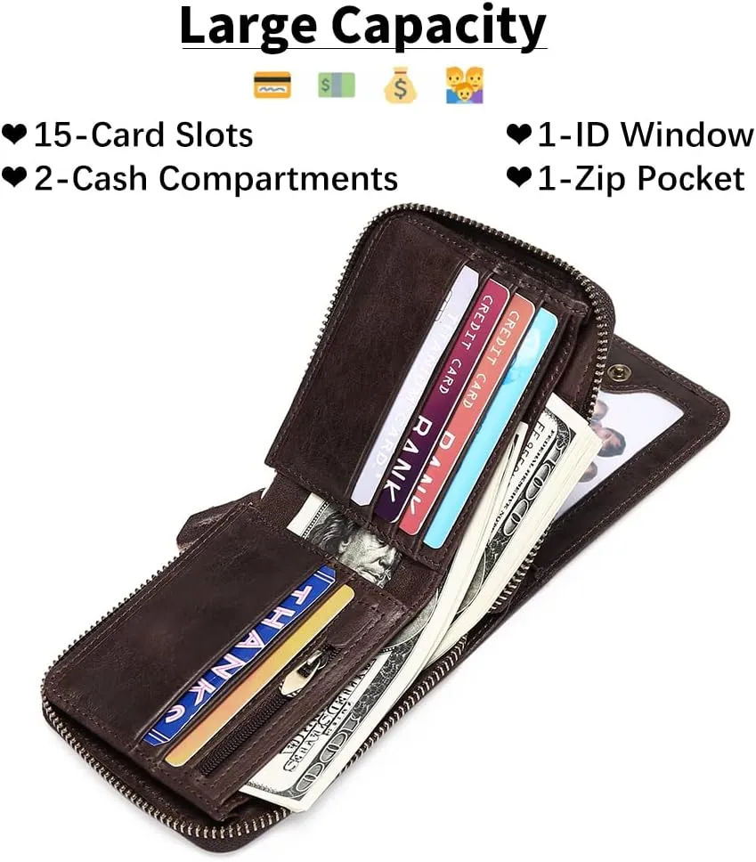 GOIACII Wallets for Men Genuine Leather Front Pocket Wallet RFID Zip Around Bifold Credit Card Holder