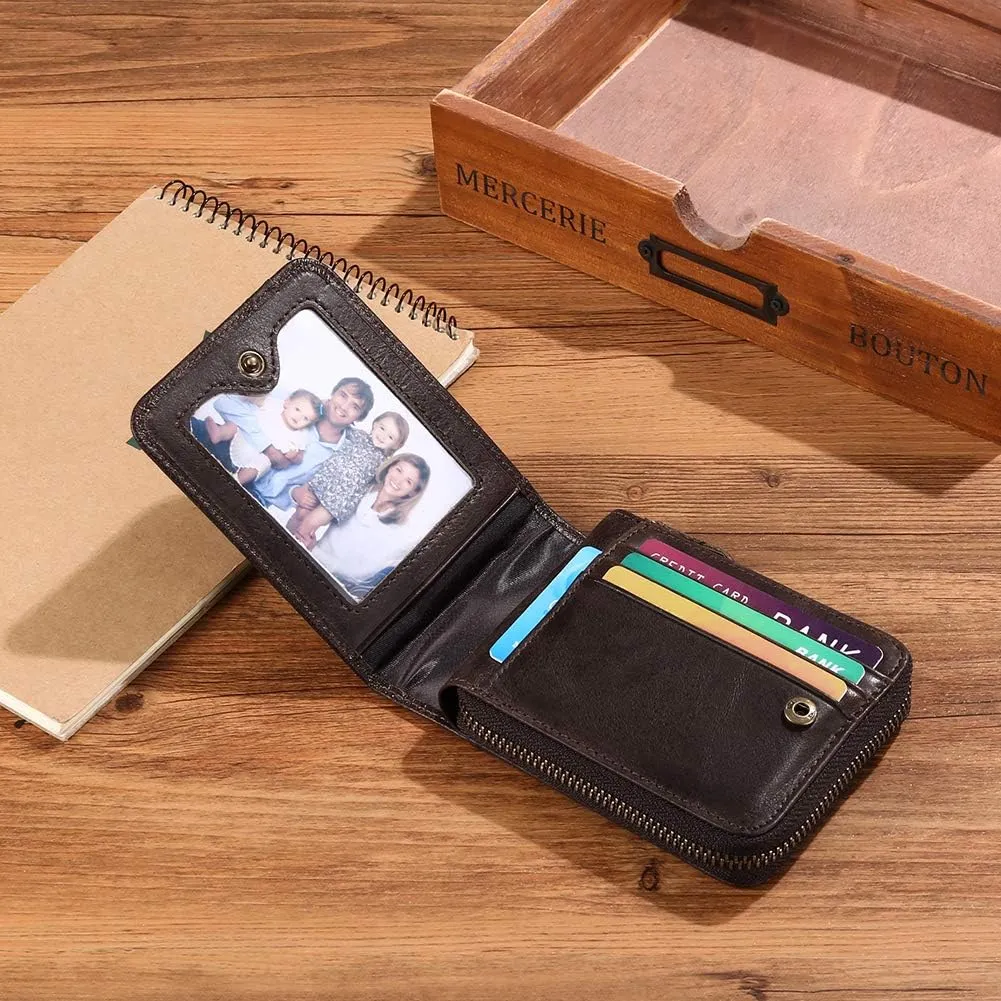 GOIACII Wallets for Men Genuine Leather Front Pocket Wallet RFID Zip Around Bifold Credit Card Holder