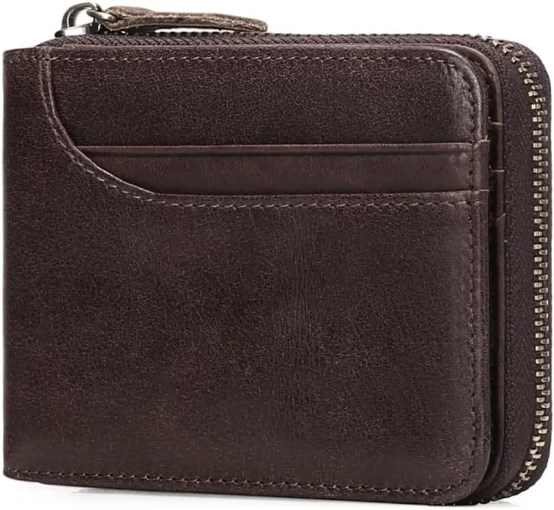 GOIACII Wallets for Men Genuine Leather Front Pocket Wallet RFID Zip Around Bifold Credit Card Holder