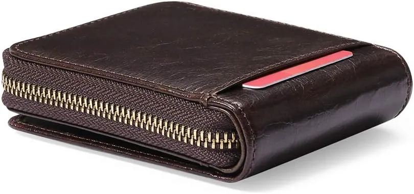 GOIACII Wallets for Men Genuine Leather Front Pocket Wallet RFID Zip Around Bifold Credit Card Holder