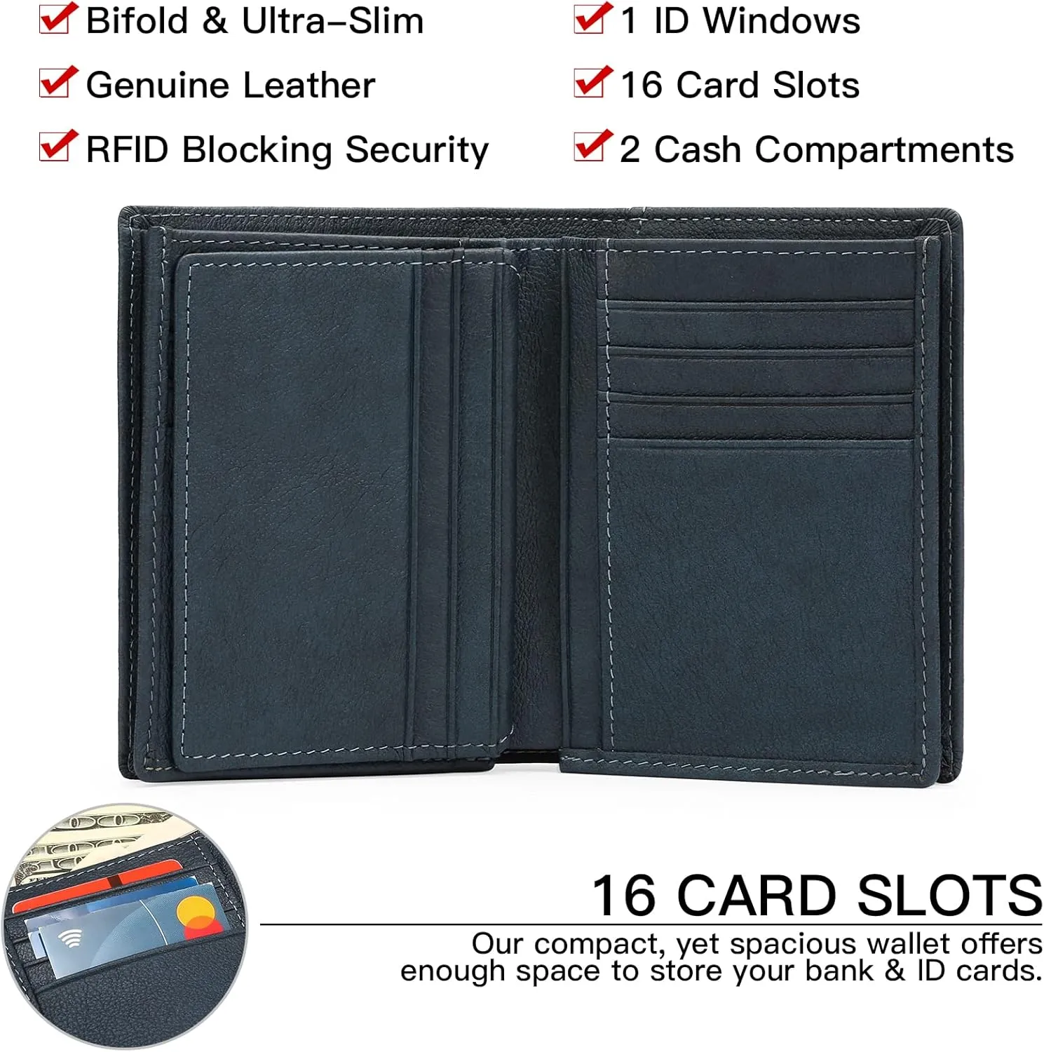 GOIACII Wallets for Men Large Capacity Genuine Leather RFID Mens Bifold Wallet with 16 Card Slots