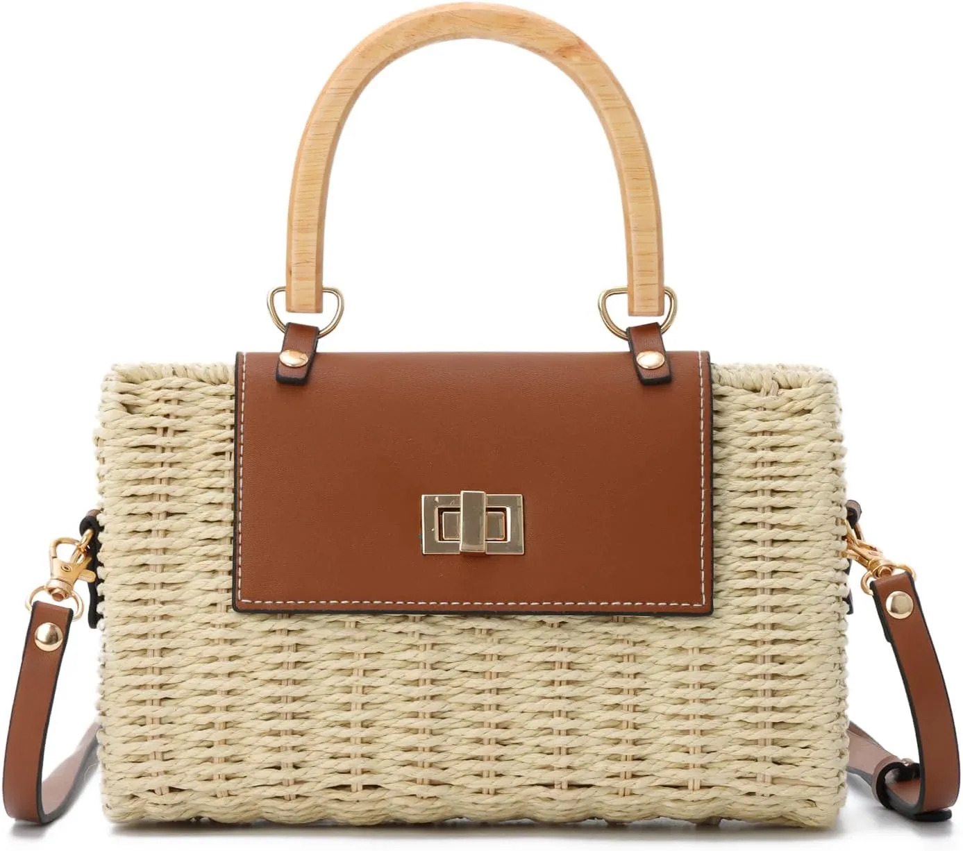 GOKTOW Women's 2025 New Rattan Straw Crossbody Bag with Wood Handle Beach Purse for Travel