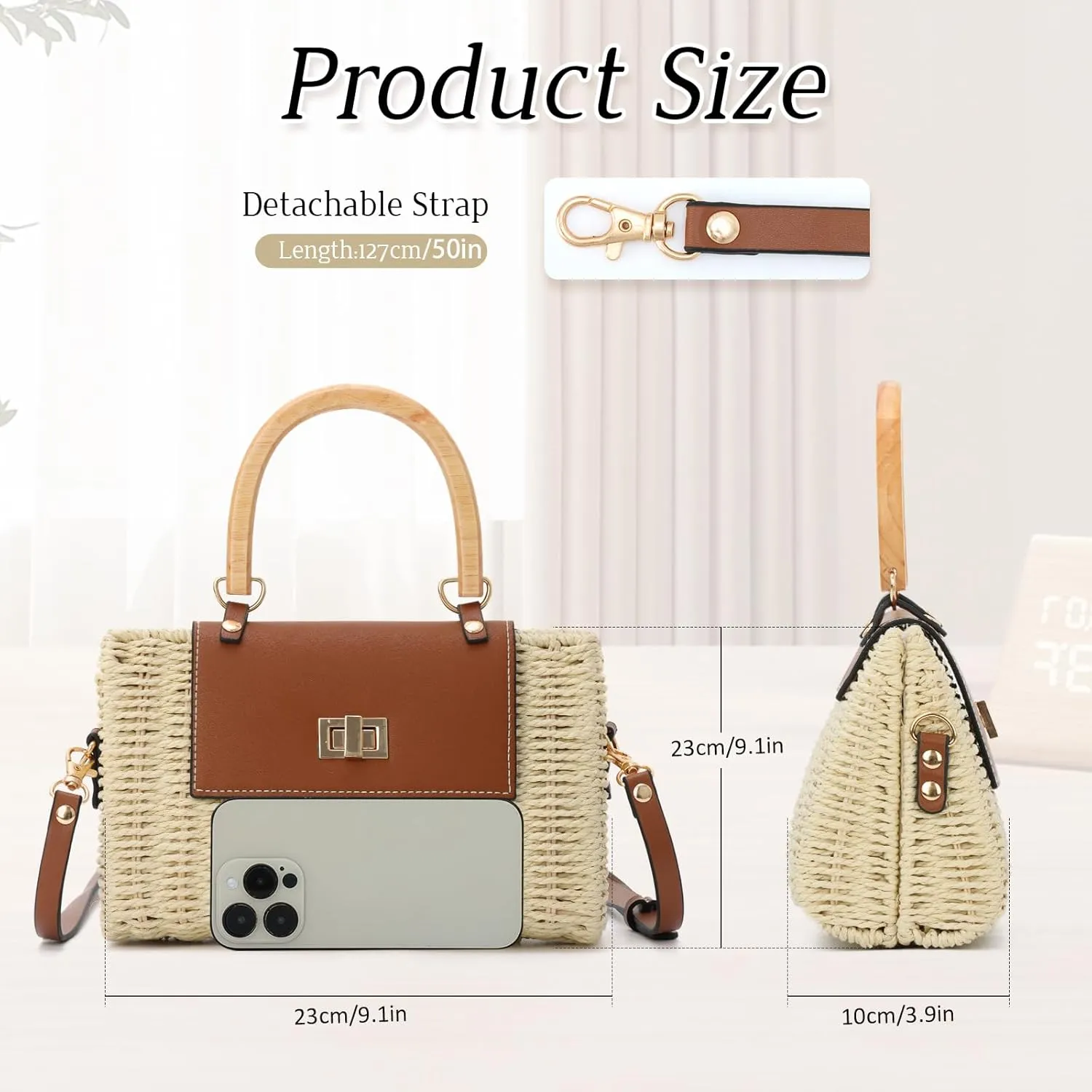 GOKTOW Women's 2025 New Rattan Straw Crossbody Bag with Wood Handle Beach Purse for Travel