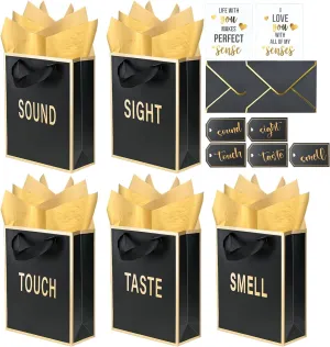 Gold Foil 5 Senses Gift Bags for Him Her with Labels Envelopes and Cards, Sight Smell Touch Taste Sound Gift Bags with Tissue Handle for Birthday, Anniversary, Mother's Day, Valentine's Day(9x7x3.15inch)