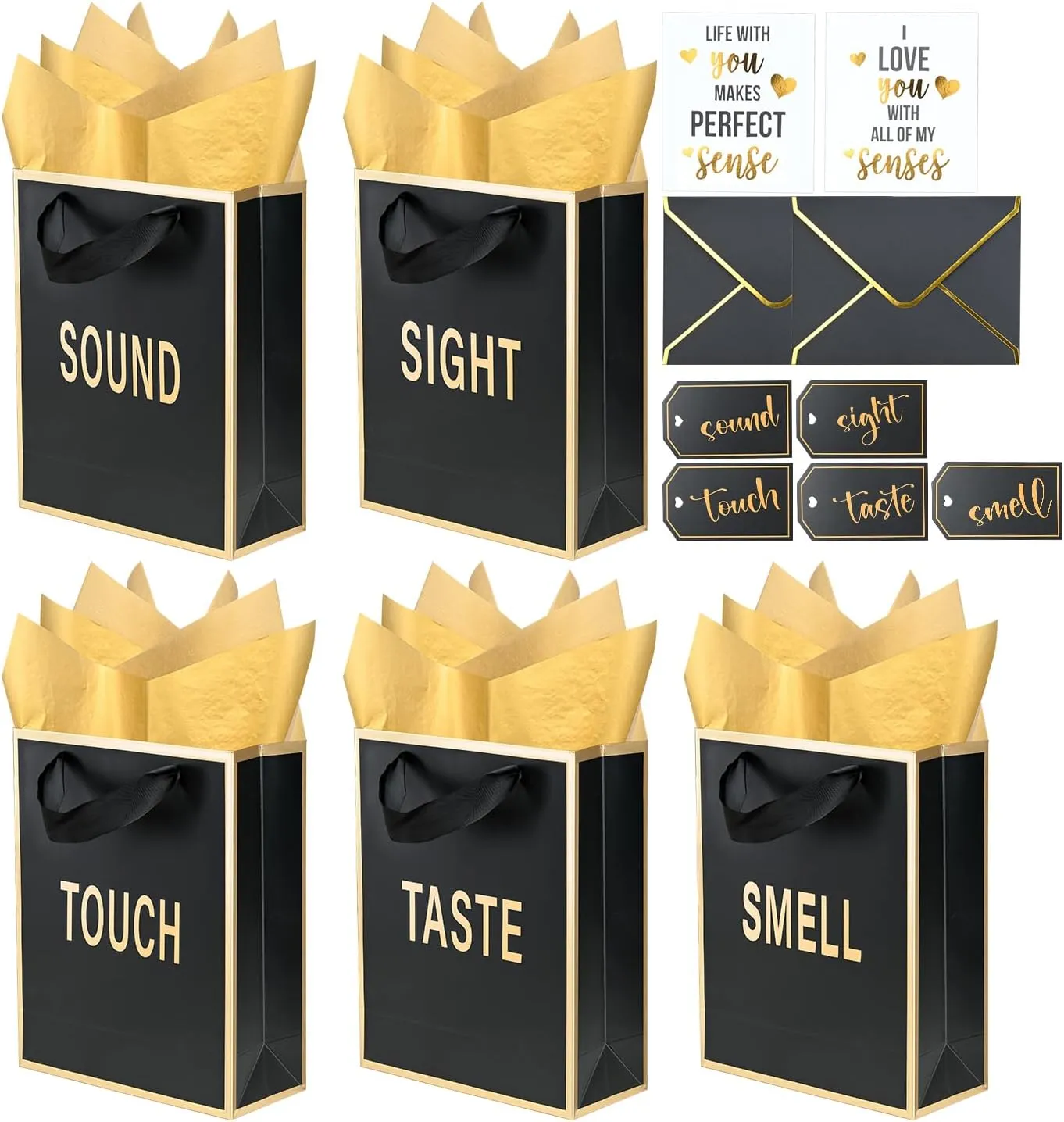 Gold Foil 5 Senses Gift Bags for Him Her with Labels Envelopes and Cards, Sight Smell Touch Taste Sound Gift Bags with Tissue Handle for Birthday, Anniversary, Mother's Day, Valentine's Day(9x7x3.15inch)