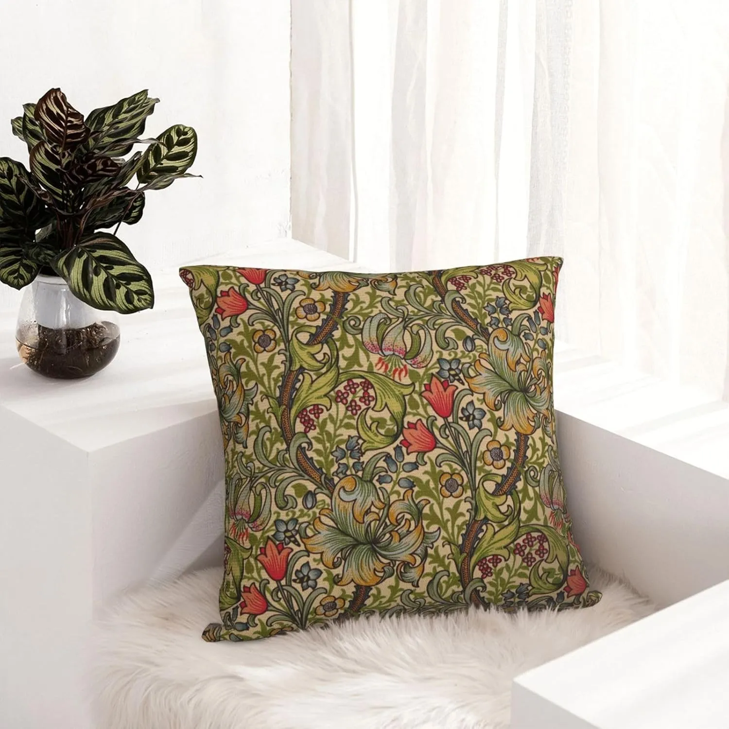 Golden Floral Flower William Morris Greenery Forest Animals Pheasant Decorative Throw Pillow Covers 18x18 inch Cozy Soft Pillowcase Aesthetic Cushion Cover for Home Decor Sofa Living Room