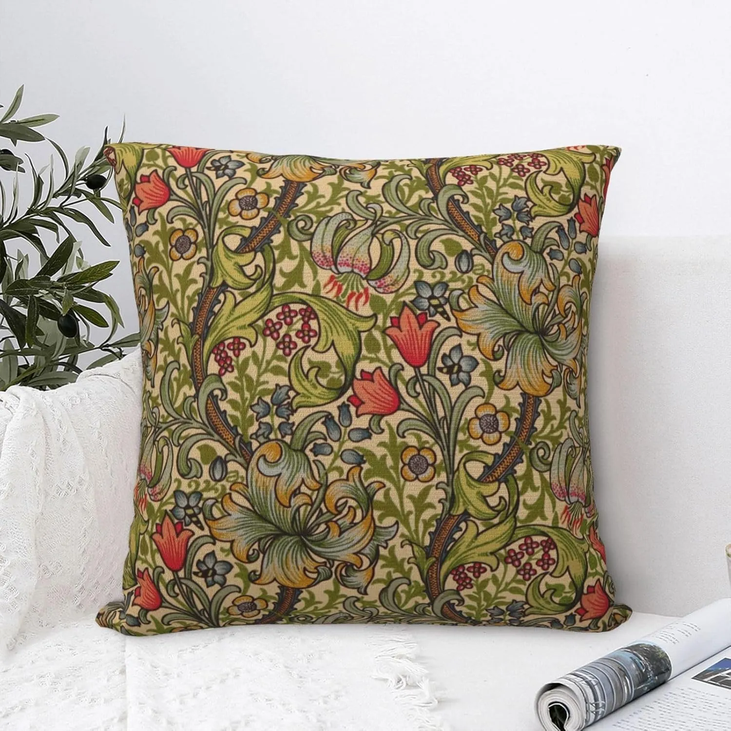 Golden Floral Flower William Morris Greenery Forest Animals Pheasant Decorative Throw Pillow Covers 18x18 inch Cozy Soft Pillowcase Aesthetic Cushion Cover for Home Decor Sofa Living Room