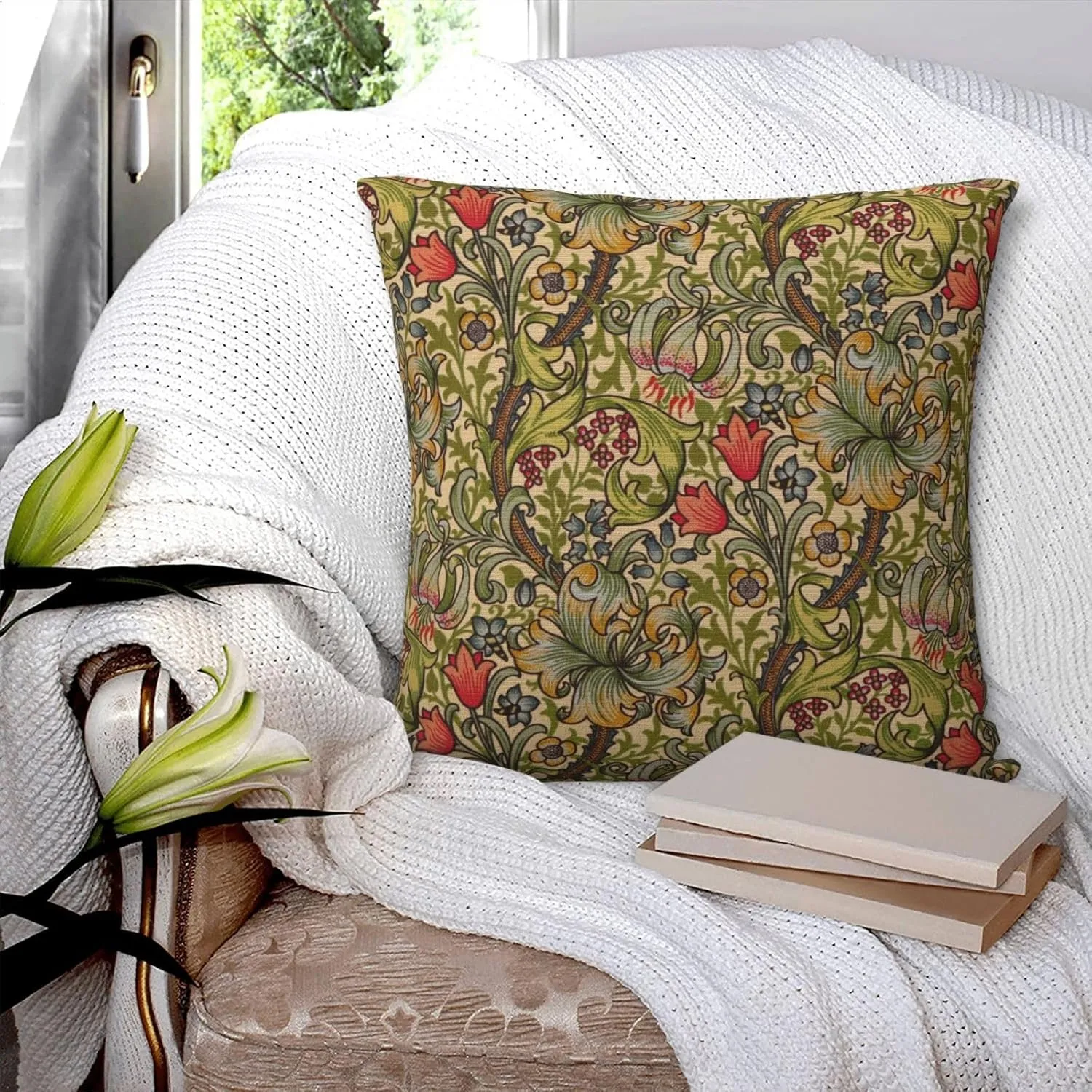 Golden Floral Flower William Morris Greenery Forest Animals Pheasant Decorative Throw Pillow Covers 18x18 inch Cozy Soft Pillowcase Aesthetic Cushion Cover for Home Decor Sofa Living Room