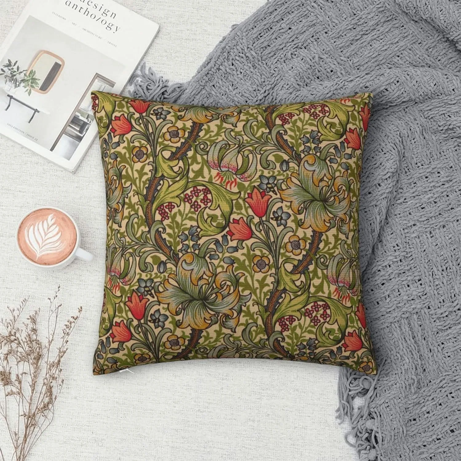 Golden Floral Flower William Morris Greenery Forest Animals Pheasant Decorative Throw Pillow Covers 18x18 inch Cozy Soft Pillowcase Aesthetic Cushion Cover for Home Decor Sofa Living Room