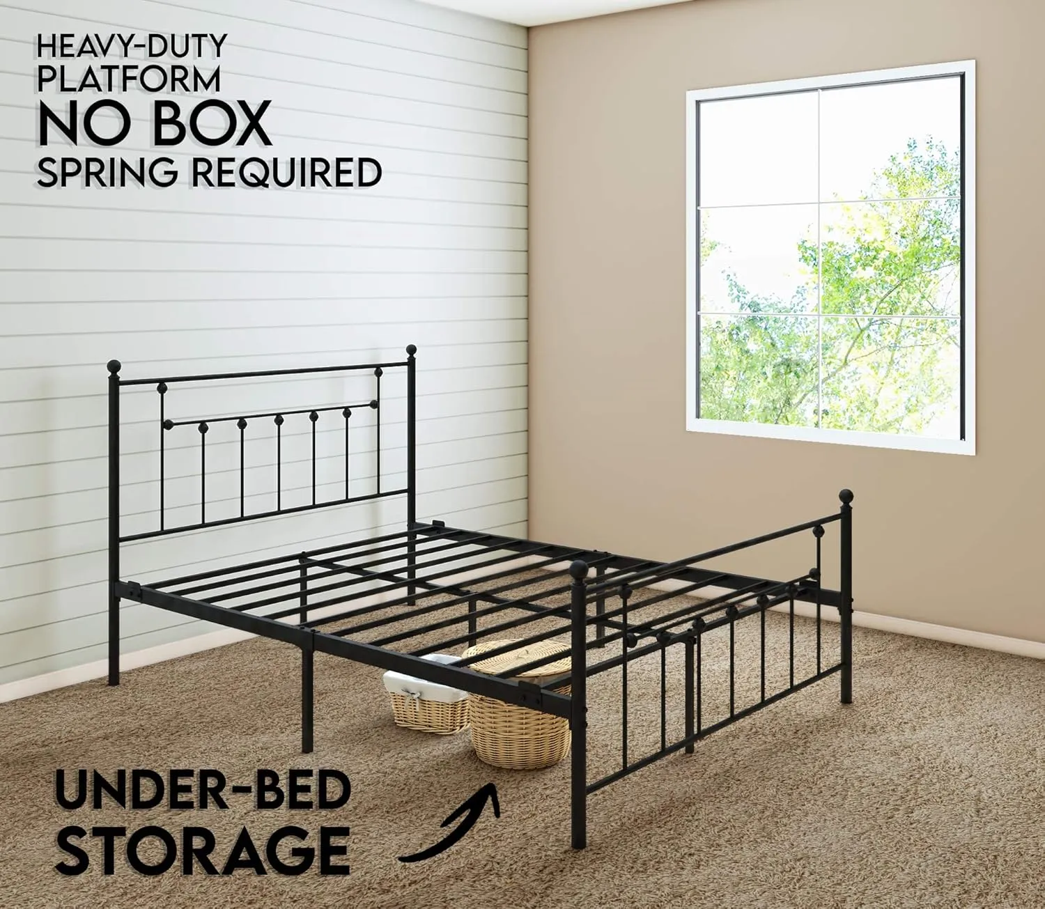 Golden Gate Beds Victorian Style Metal Platform Bed Frame with Antique Wrought Iron-Art Headboard and Footboard, Classic Cama Steel Mattress Foundation, No Box Spring Needed, California King, Black