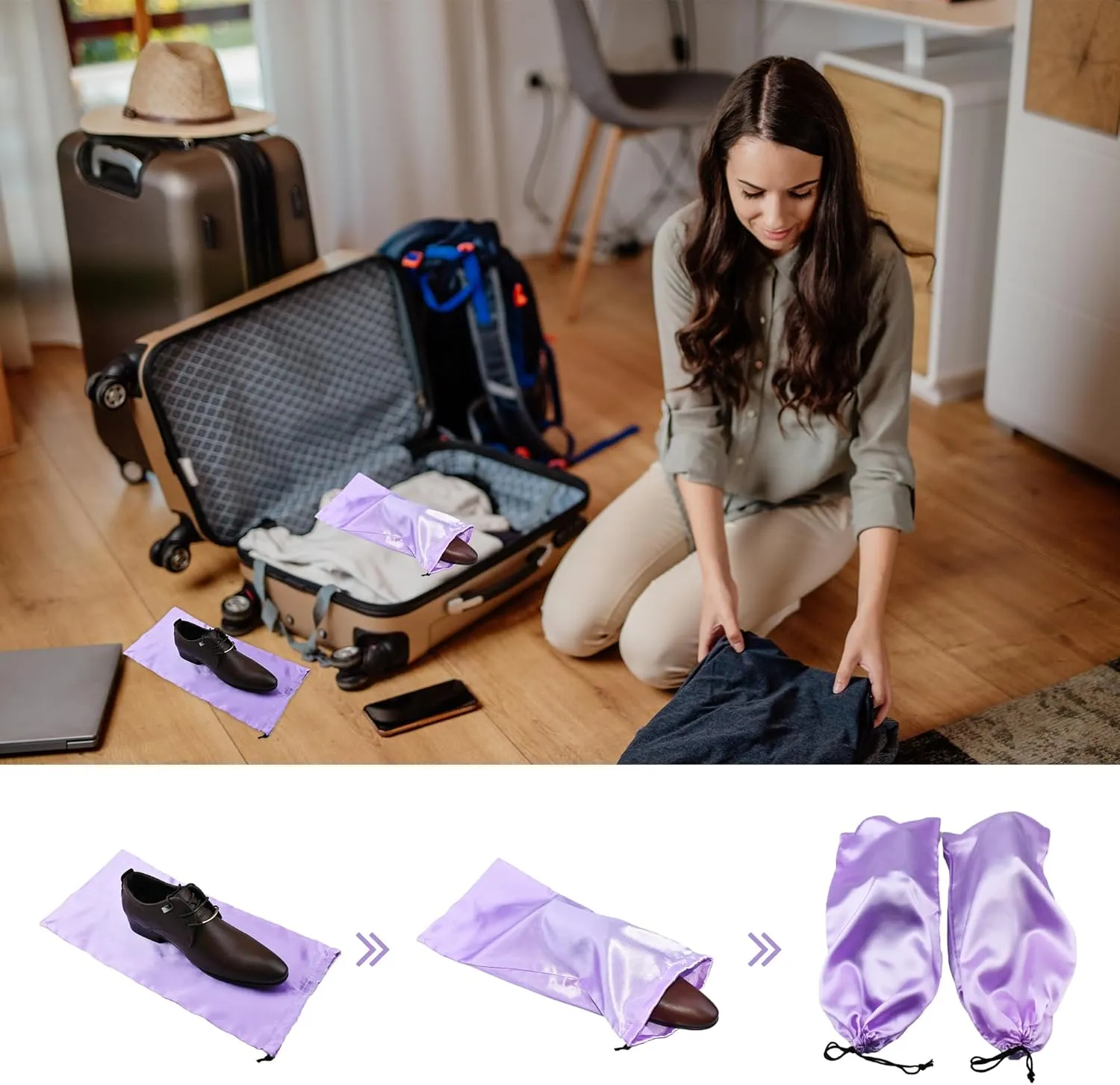 GONGKANGYUAN 10 Pack Shoe Bags for Travel Satin Fabric Shoe Bag with Drawstring for Men Women Travel Protecting Storing Shoes (Violets)