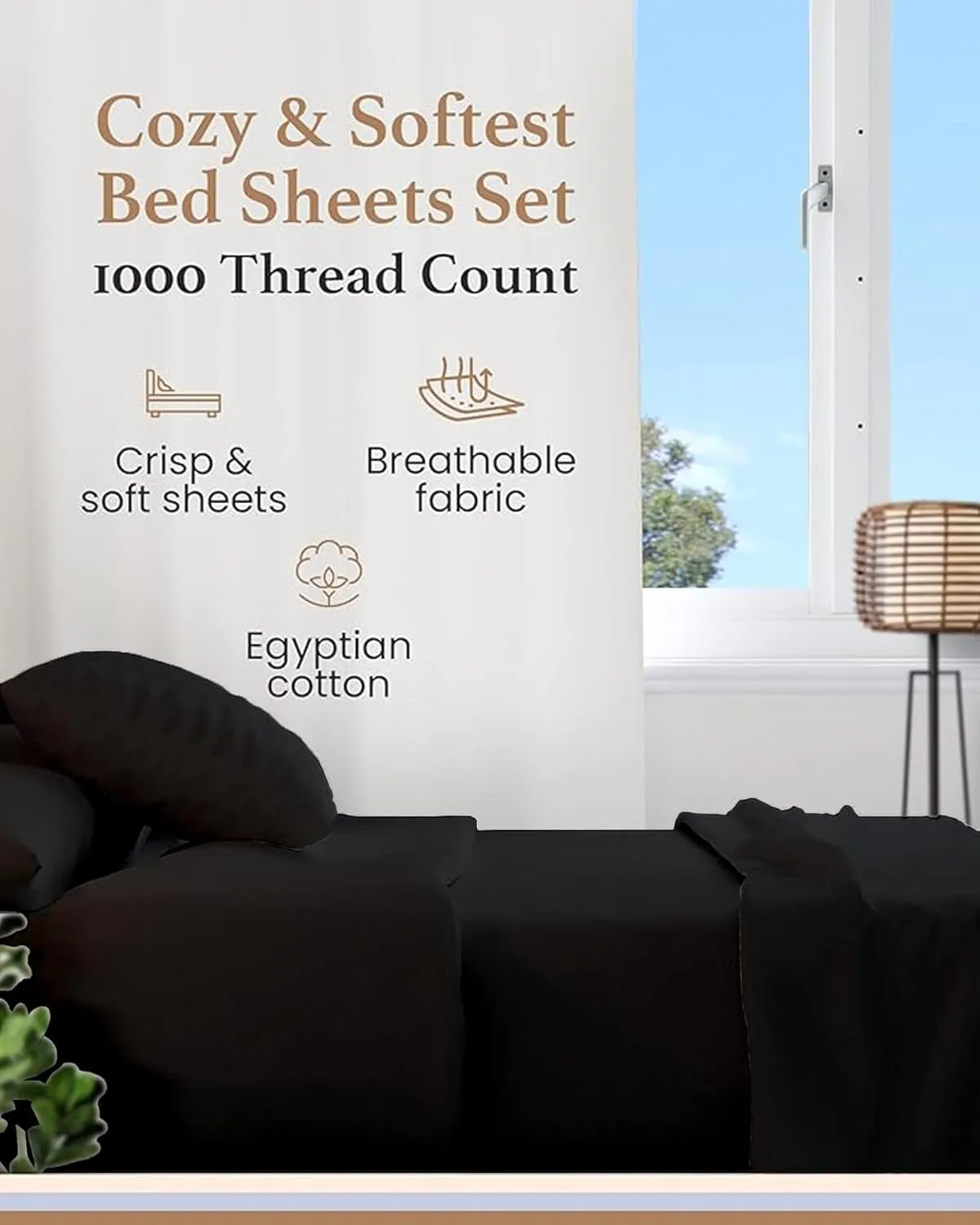 Good Sleep Bedding Sheets Queen Size Bed Set - 1000 Thread Count Egyptian Cotton Sheets, 4 Pc Bed Sheets Queen Size, Luxury Sateen Weave, Queen Sheets Deep Pocket 16" - Black Sheets Queen Size