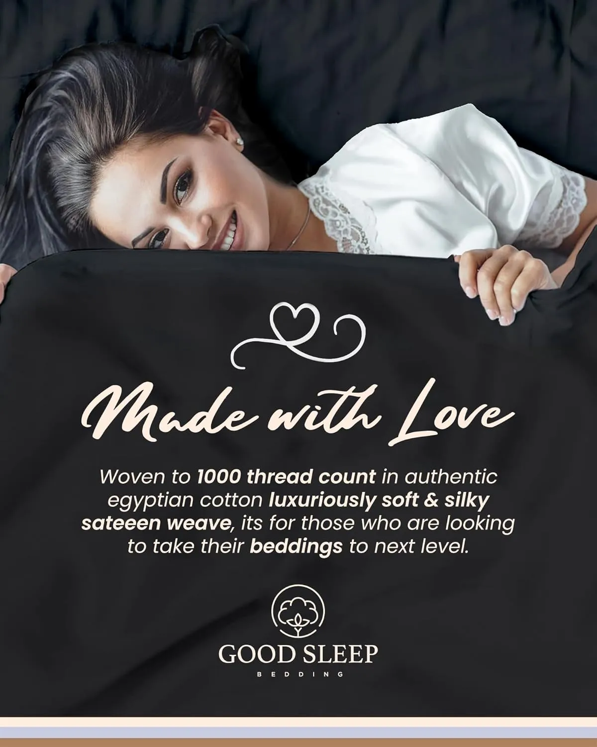 Good Sleep Bedding Sheets Queen Size Bed Set - 1000 Thread Count Egyptian Cotton Sheets, 4 Pc Bed Sheets Queen Size, Luxury Sateen Weave, Queen Sheets Deep Pocket 16" - Black Sheets Queen Size