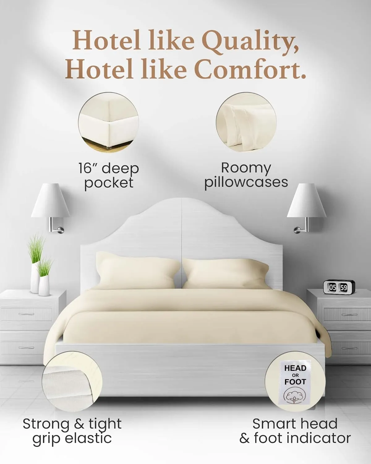 Good Sleep Bedding Thread Count Cotton Sheets: 100% Long Staple Egyptian Cotton Queen Size BedSheets, 4 Piece Cotton Ivory Sheet Set, Fits Mattress Upto 16 Inches Deep Pocket Queen: 4 Pc Sheet Set