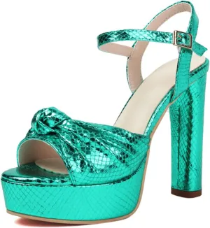 Goolita Bow Metallic Platform Heels for Women Chunky Buckle Ankle Strap Heeled Sandals Sexy Snakeskin Comfortable Party Bridal Shoes