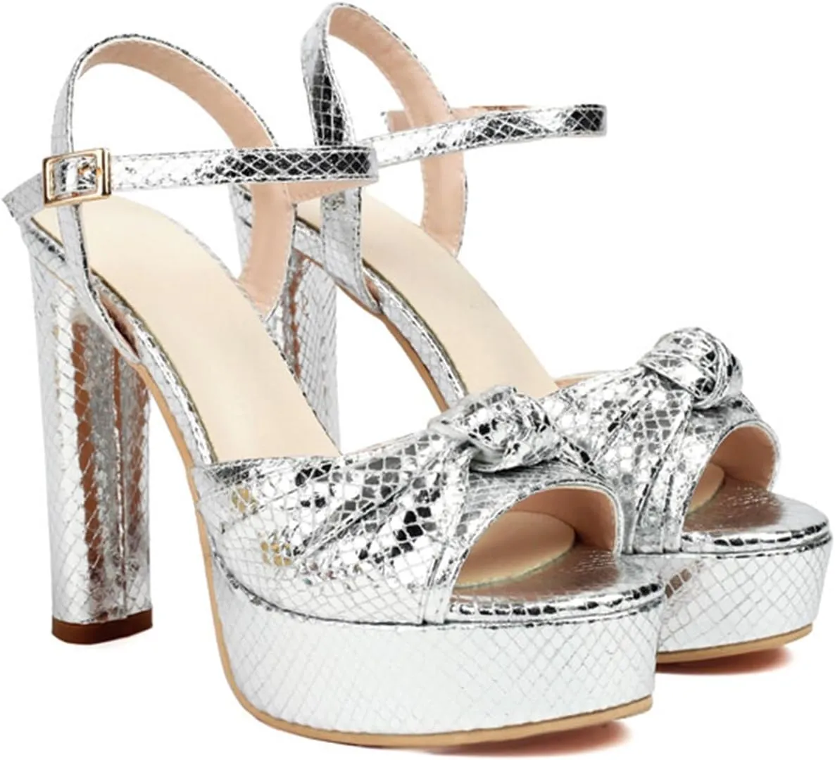 Goolita Bow Metallic Platform Heels for Women Chunky Buckle Ankle Strap Heeled Sandals Sexy Snakeskin Comfortable Party Bridal Shoes