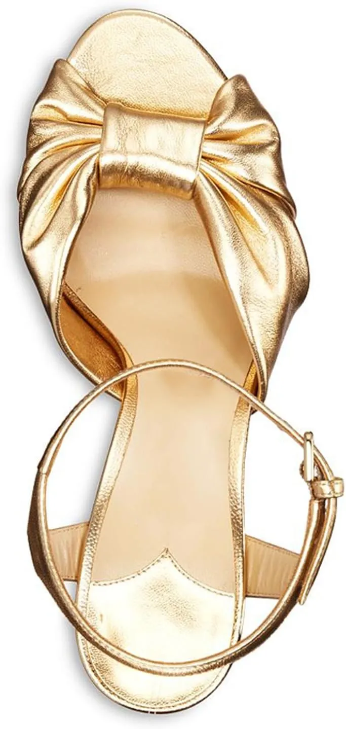 Goolita Bow Metallic Platform Heels for Women Chunky Buckle Ankle Strap Heeled Sandals Sexy Snakeskin Comfortable Party Bridal Shoes