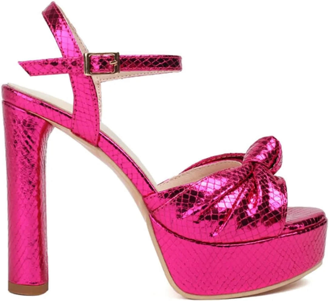 Goolita Bow Metallic Platform Heels for Women Chunky Buckle Ankle Strap Heeled Sandals Sexy Snakeskin Comfortable Party Bridal Shoes