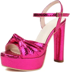 Goolita Bow Metallic Platform Heels for Women Chunky Buckle Ankle Strap Heeled Sandals Sexy Snakeskin Comfortable Party Bridal Shoes