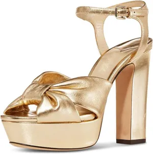 Goolita Bow Metallic Platform Heels for Women Chunky Buckle Ankle Strap Heeled Sandals Sexy Snakeskin Comfortable Party Bridal Shoes