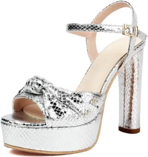 Goolita Bow Metallic Platform Heels for Women Chunky Buckle Ankle Strap Heeled Sandals Sexy Snakeskin Comfortable Party Bridal Shoes