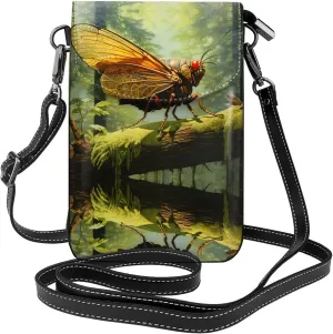 Grasshopper on a branch Lightweight leather crossbody phone bag, women's shoulder bag cell phone wallet, travel bag with credit card slots,