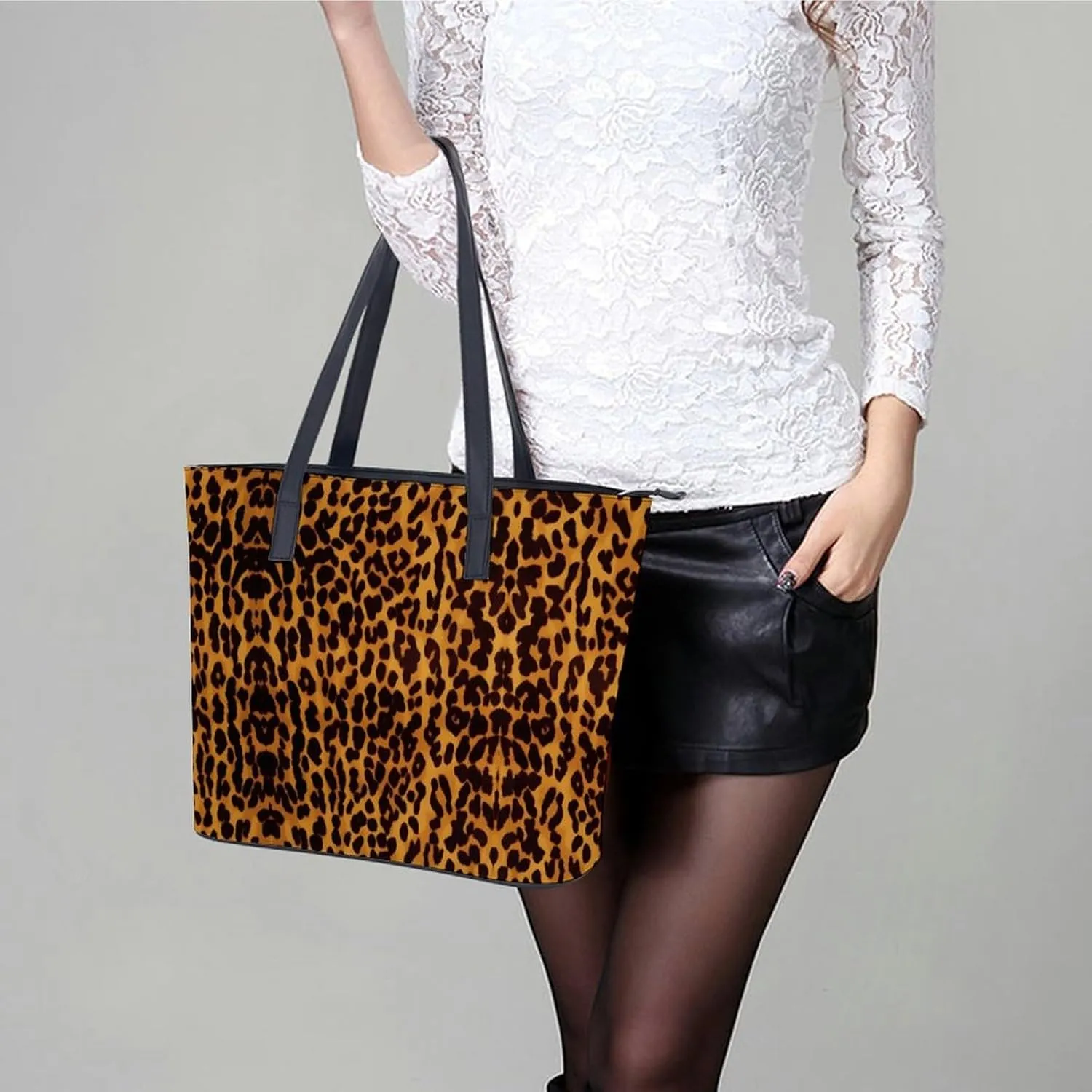 Gray Leather Bag Purse Handbag for Women Top Handle Satchel Shoulder with Zipper Tote Bags Large