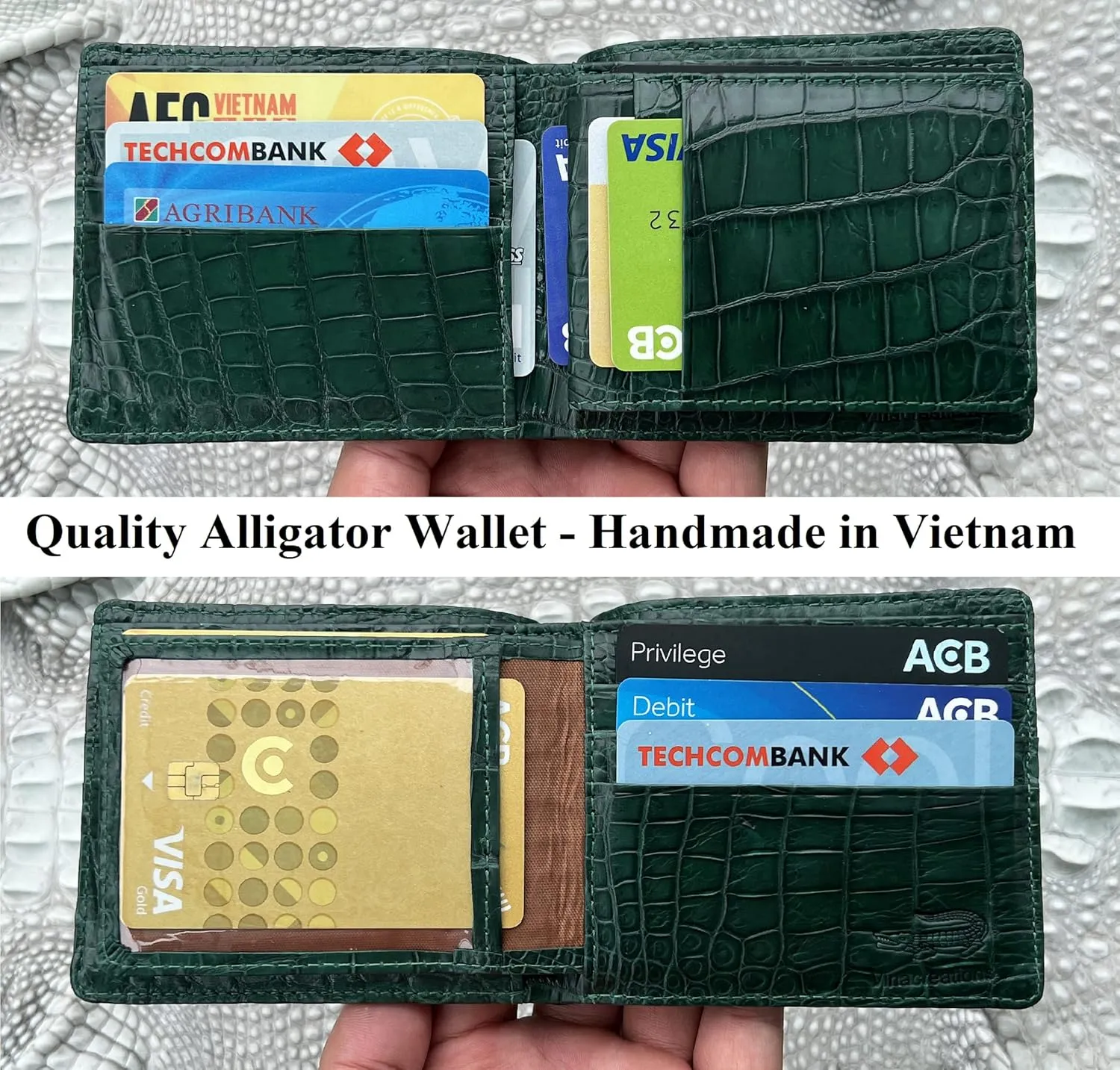 Green Alligator Men's Leather Bifold Wallet Flip out ID Crocodile Exotic Skin Billfold Wallet RFID Blocking Double Side Handmade Best Gift Father's Day VINAM-110