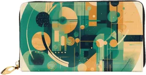 Green And Beige Drawing Leather Wallets For Women Waterproof Zip Around Clutch Purses Large Credit Card Holder With Phone Holder Ladies Travel Coin Purse