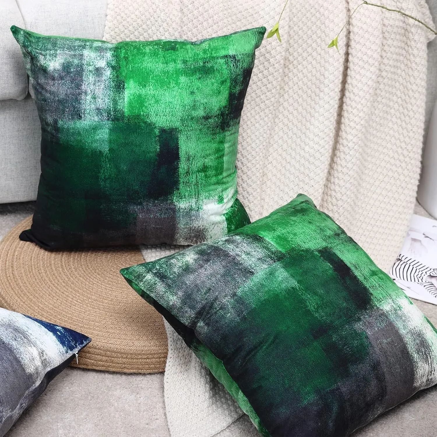 Green Pillow Covers 16X16, Gray White Abstract Art Aesthetic Square Accent Decorative Throw Pillow Covers, Soft Throw Pillows for Couch Sofa Bedroom Living Room Set of 2