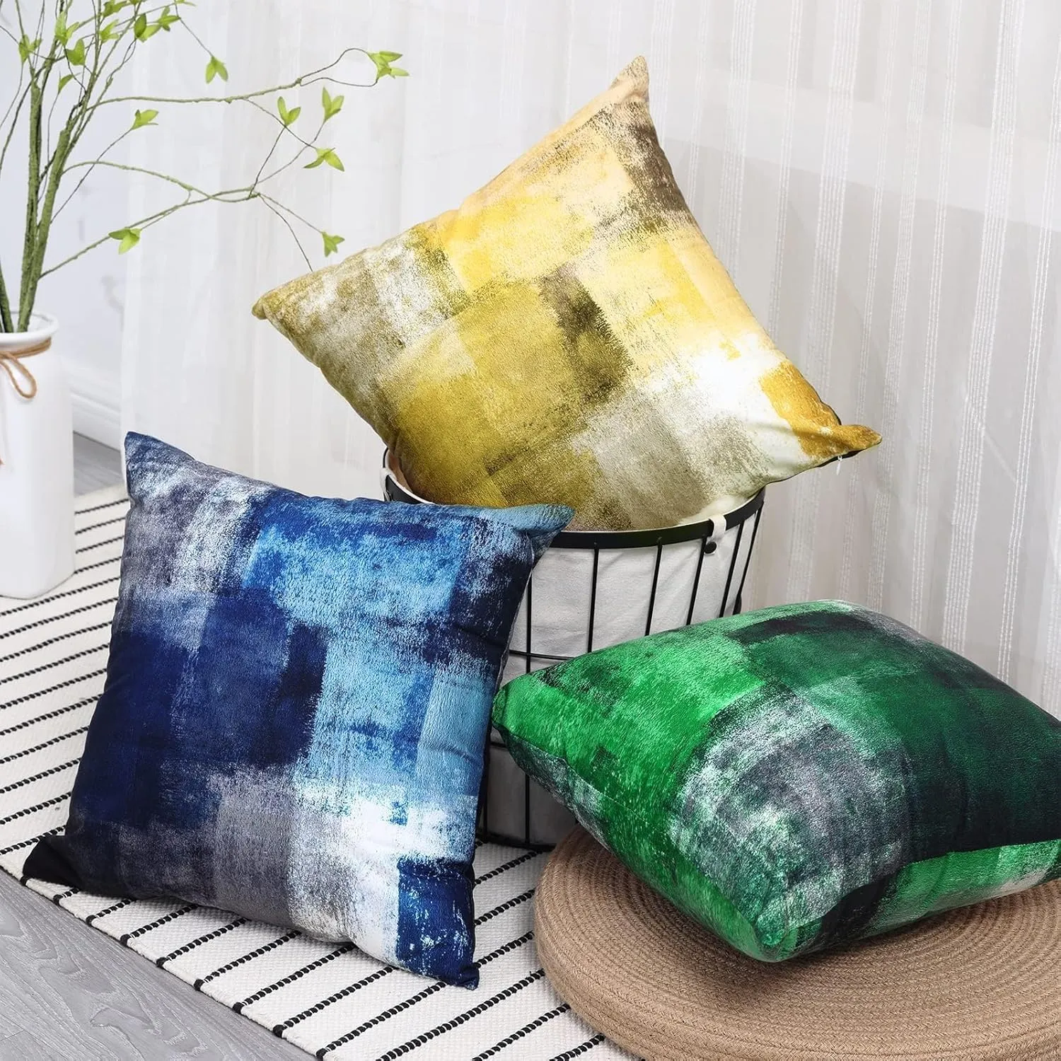 Green Pillow Covers 16X16, Gray White Abstract Art Aesthetic Square Accent Decorative Throw Pillow Covers, Soft Throw Pillows for Couch Sofa Bedroom Living Room Set of 2